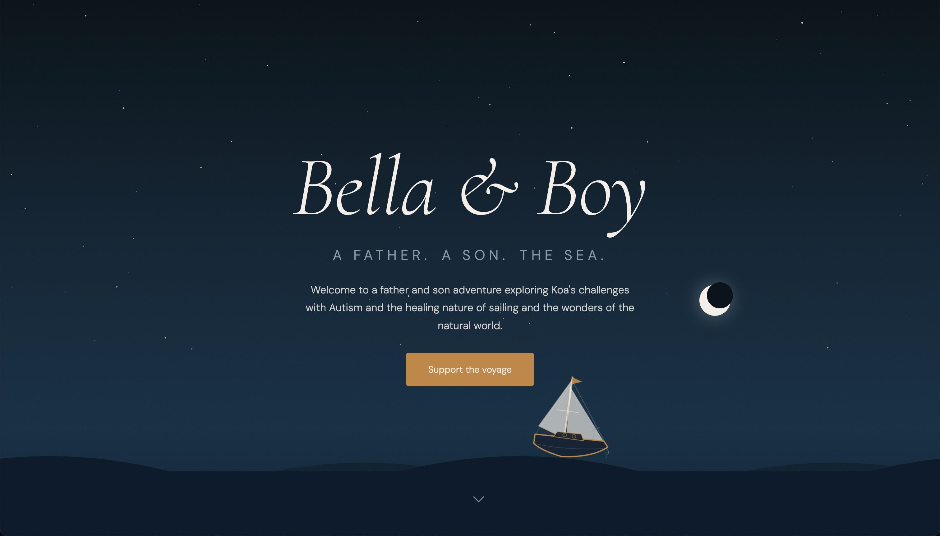 Bella & Boy homepage hero: a night sky over the sea with an illustrated sailboat, tagline 'A father. A son. The sea.'
