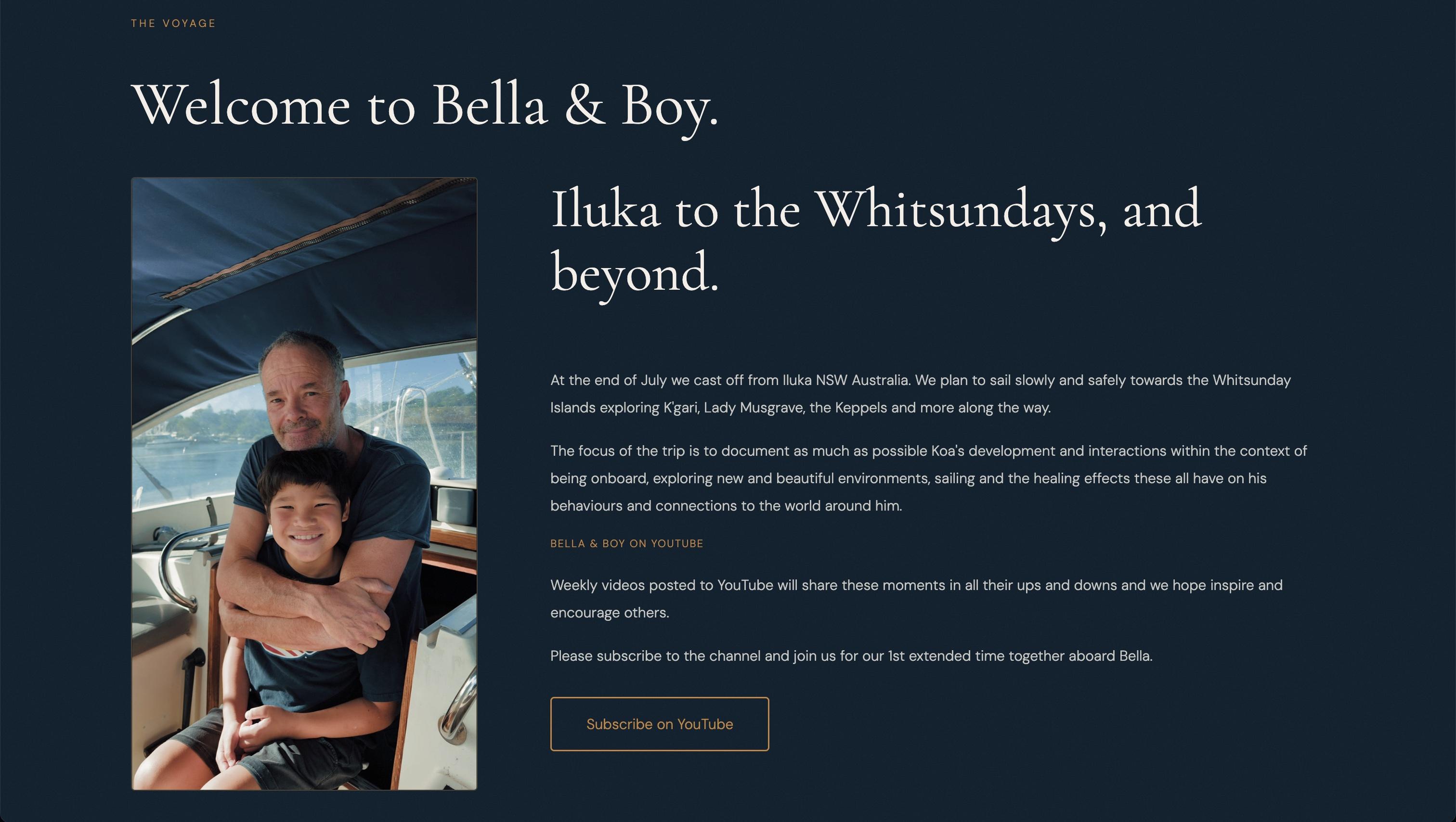 Welcome to Bella & Boy section, introducing the voyage from Iluka to the Whitsundays, beside a photo of father and son aboard the boat