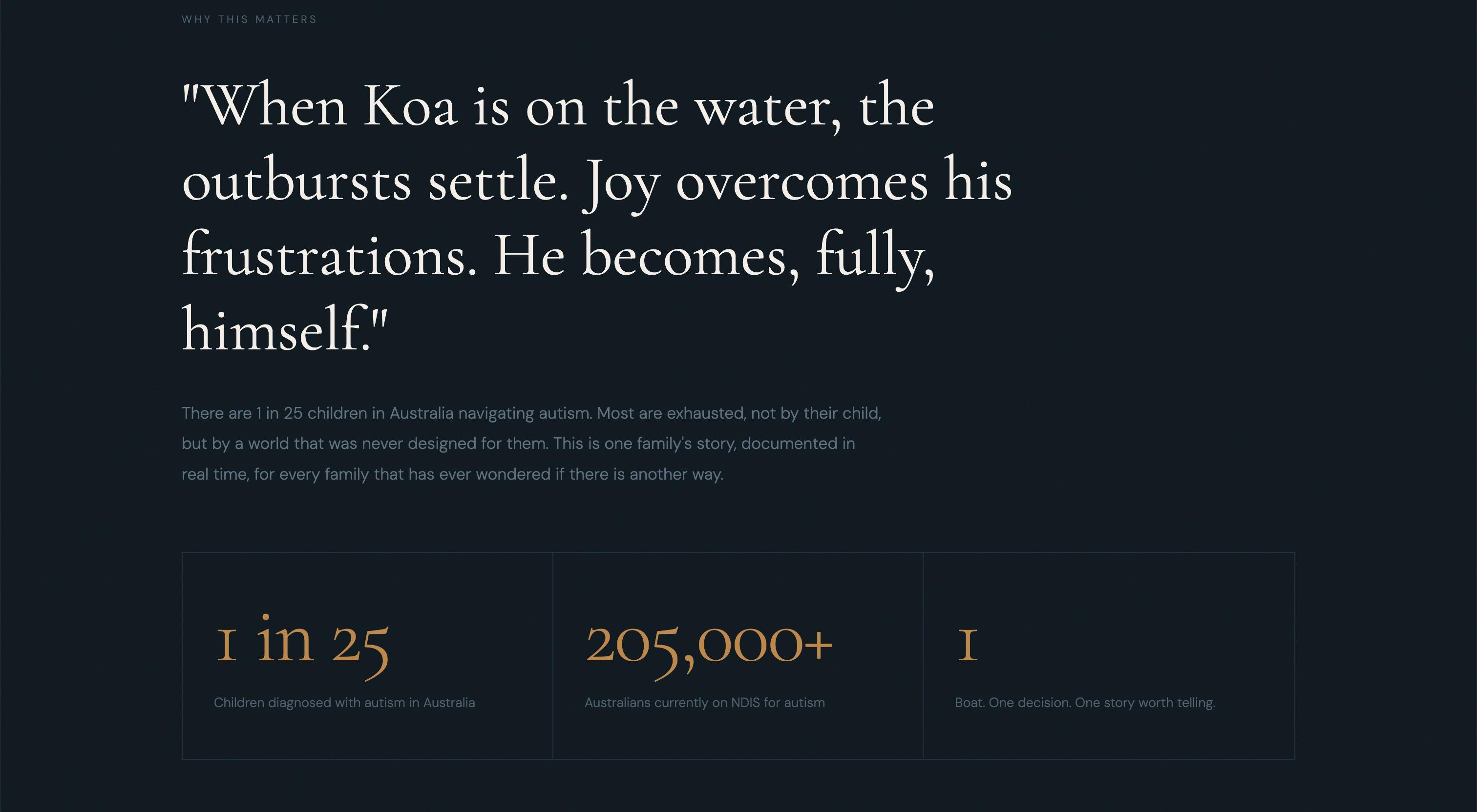 'Why this matters' section with a quote about Koa on the water, alongside Australian autism statistics
