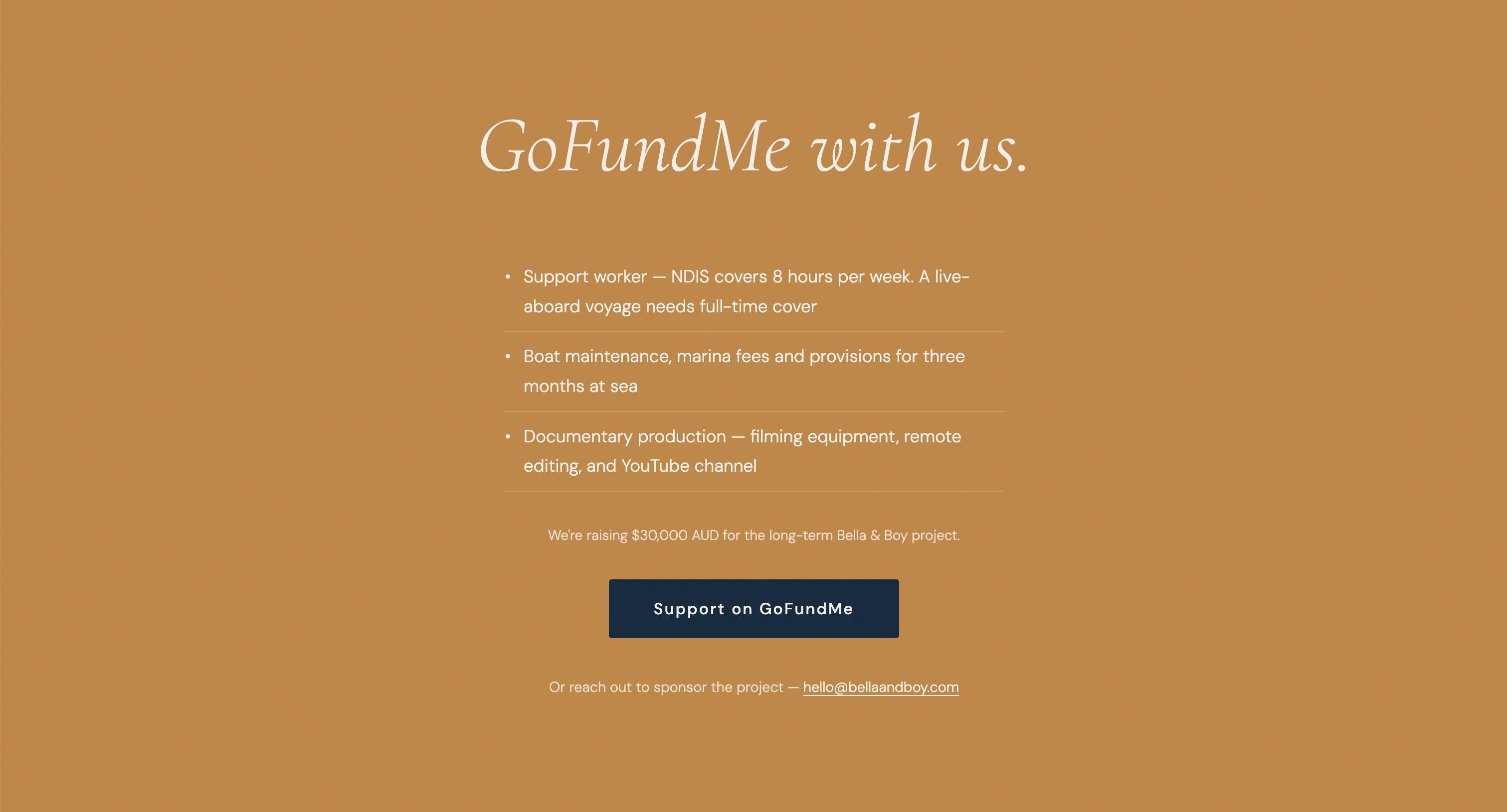 'GoFundMe with us' section breaking down what the $30,000 AUD goal covers, with a Support on GoFundMe button