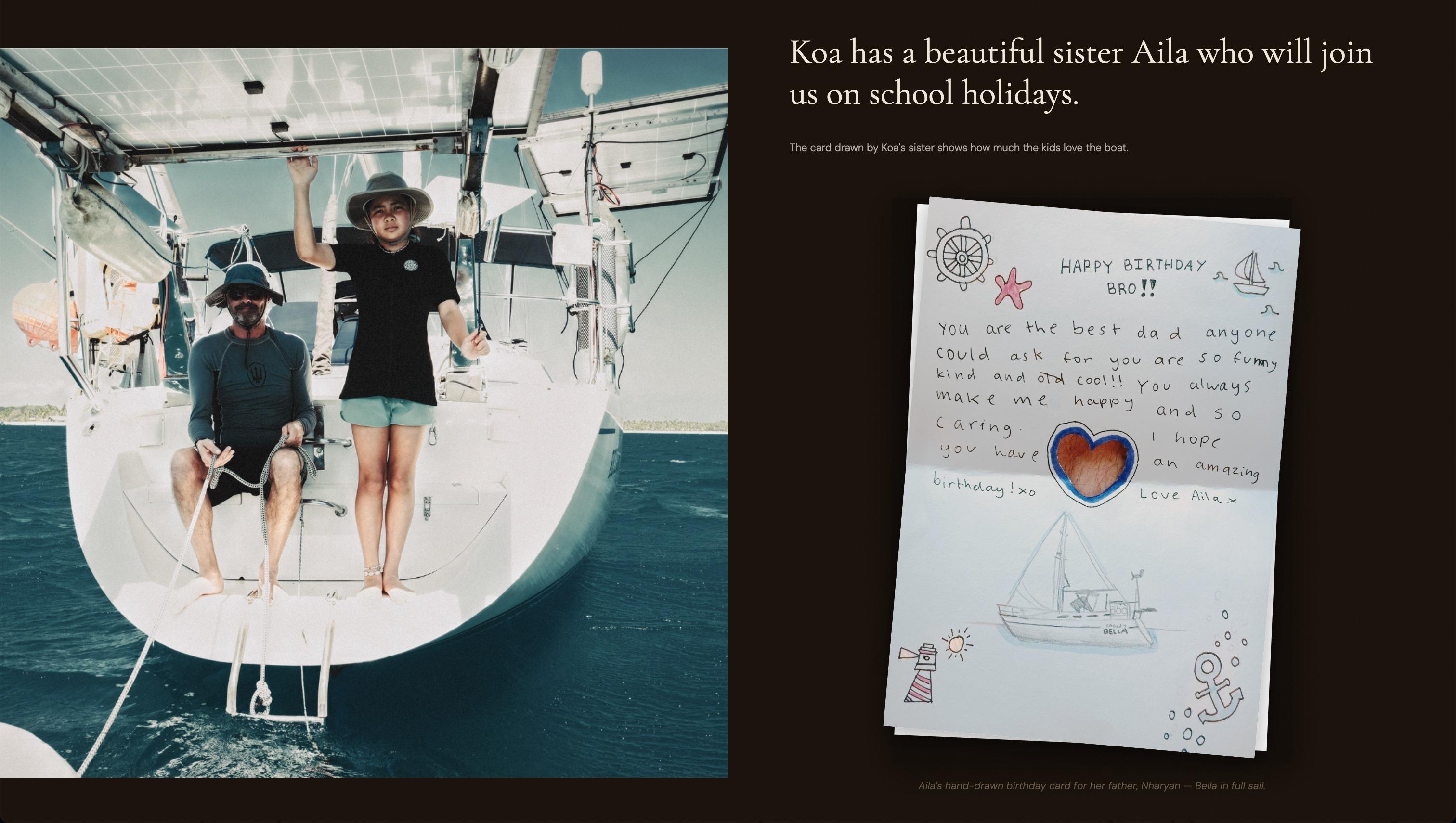 Photo of father and daughter on the bow of the boat beside a scan of a hand-drawn birthday card from Koa's sister Aila