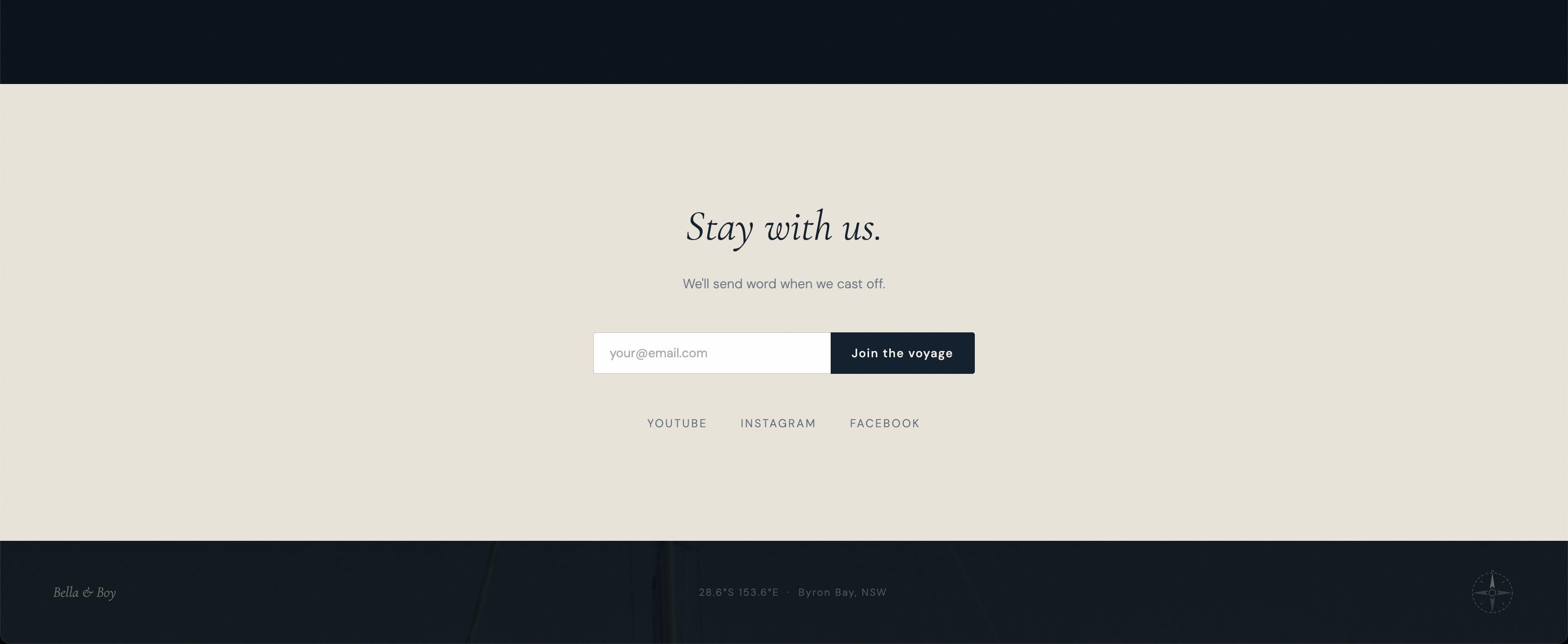 'Stay with us' newsletter signup and site footer with social links and Byron Bay coordinates