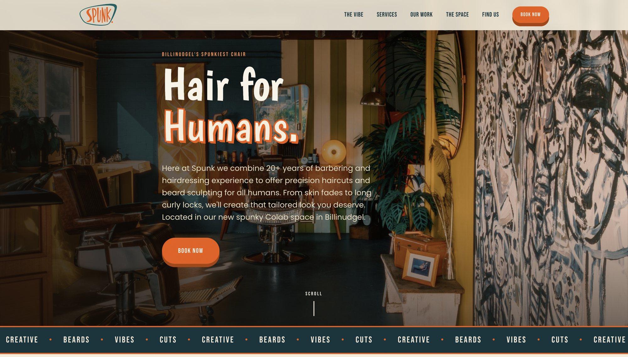 Spunk Barber homepage hero: 'Hair for Humans.' over a photo of the barber chair and shop interior