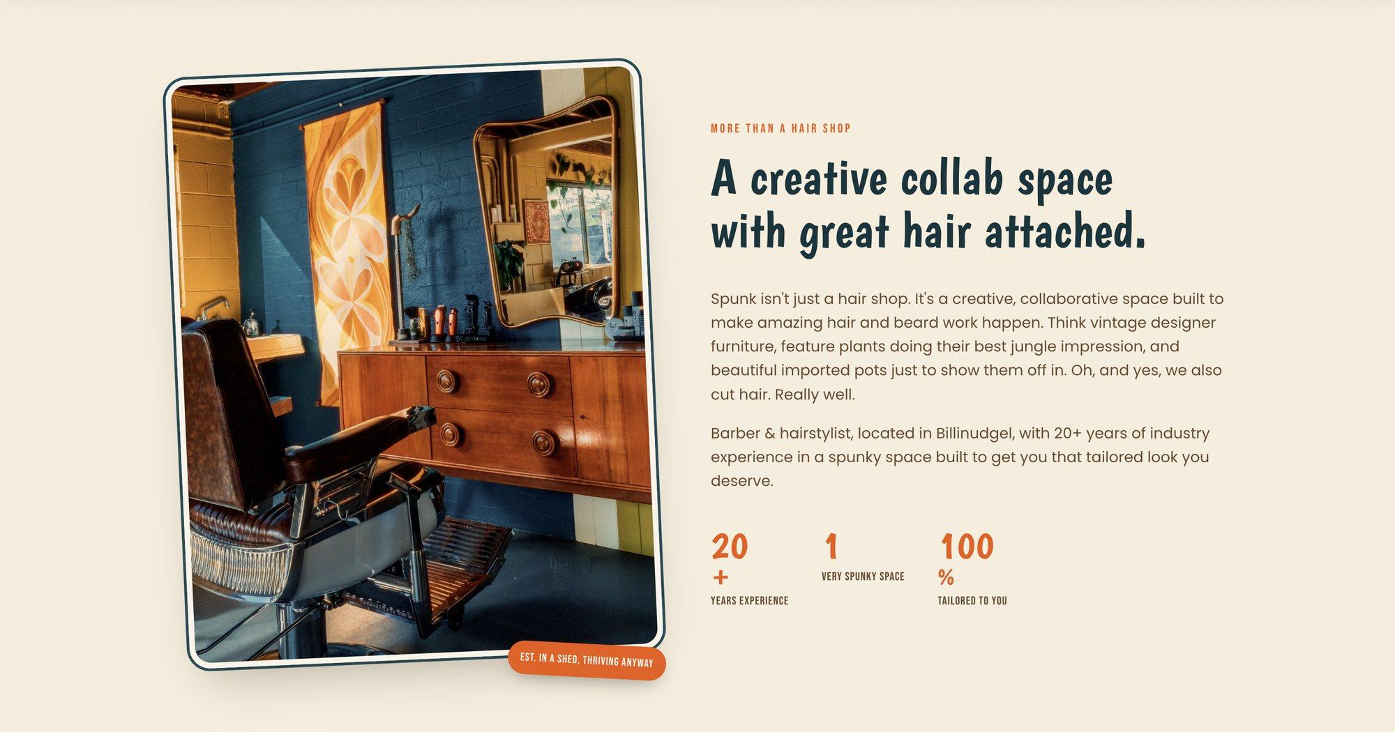 'A creative collab space with great hair attached' section, beside a photo of the barber chair and dresser