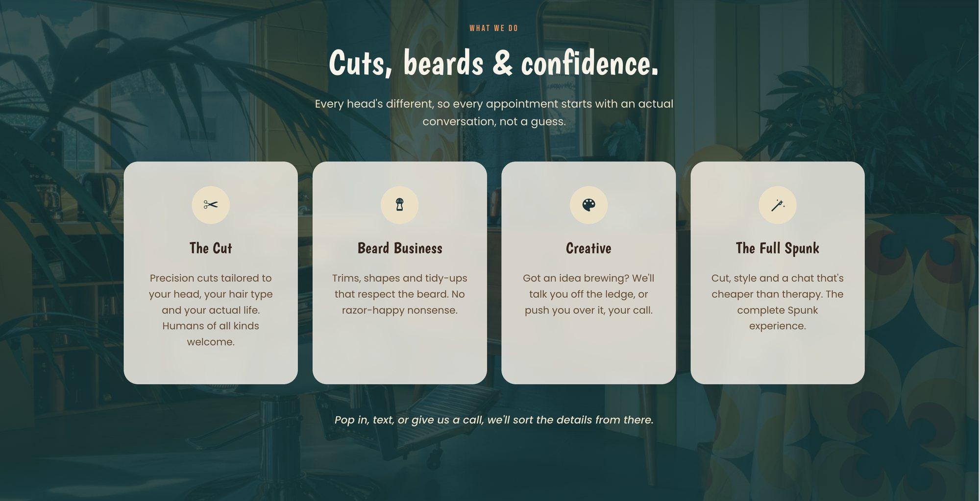 'Cuts, beards & confidence' section listing the four services: The Cut, Beard Business, Creative, The Full Spunk