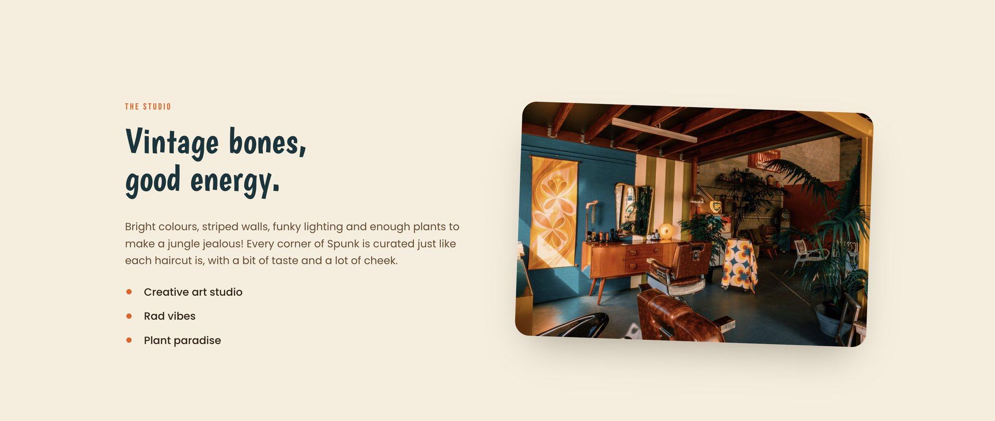 'Vintage bones, good energy' section describing the studio, beside a wide photo of the shop interior