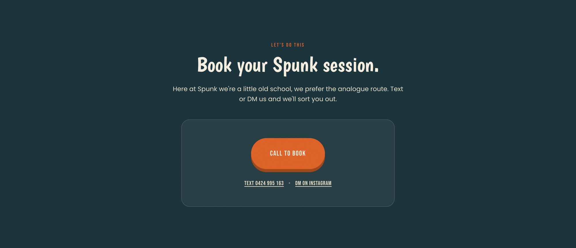'Book your Spunk session' call-to-action with text/call and Instagram DM options