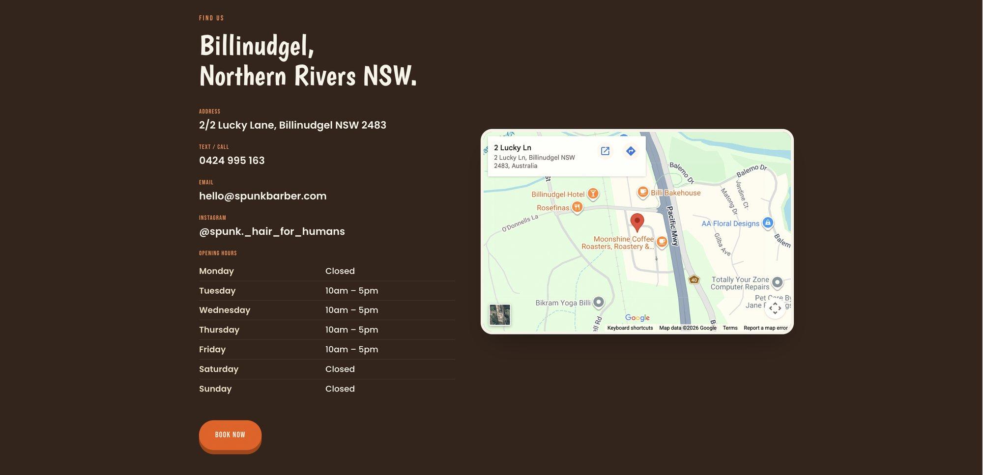 'Find Us' section with the Billinudgel address, opening hours and a map