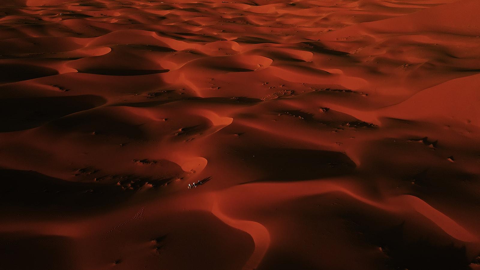 Aerial view of Sahara dunes at sunset, tiny figures walking between them